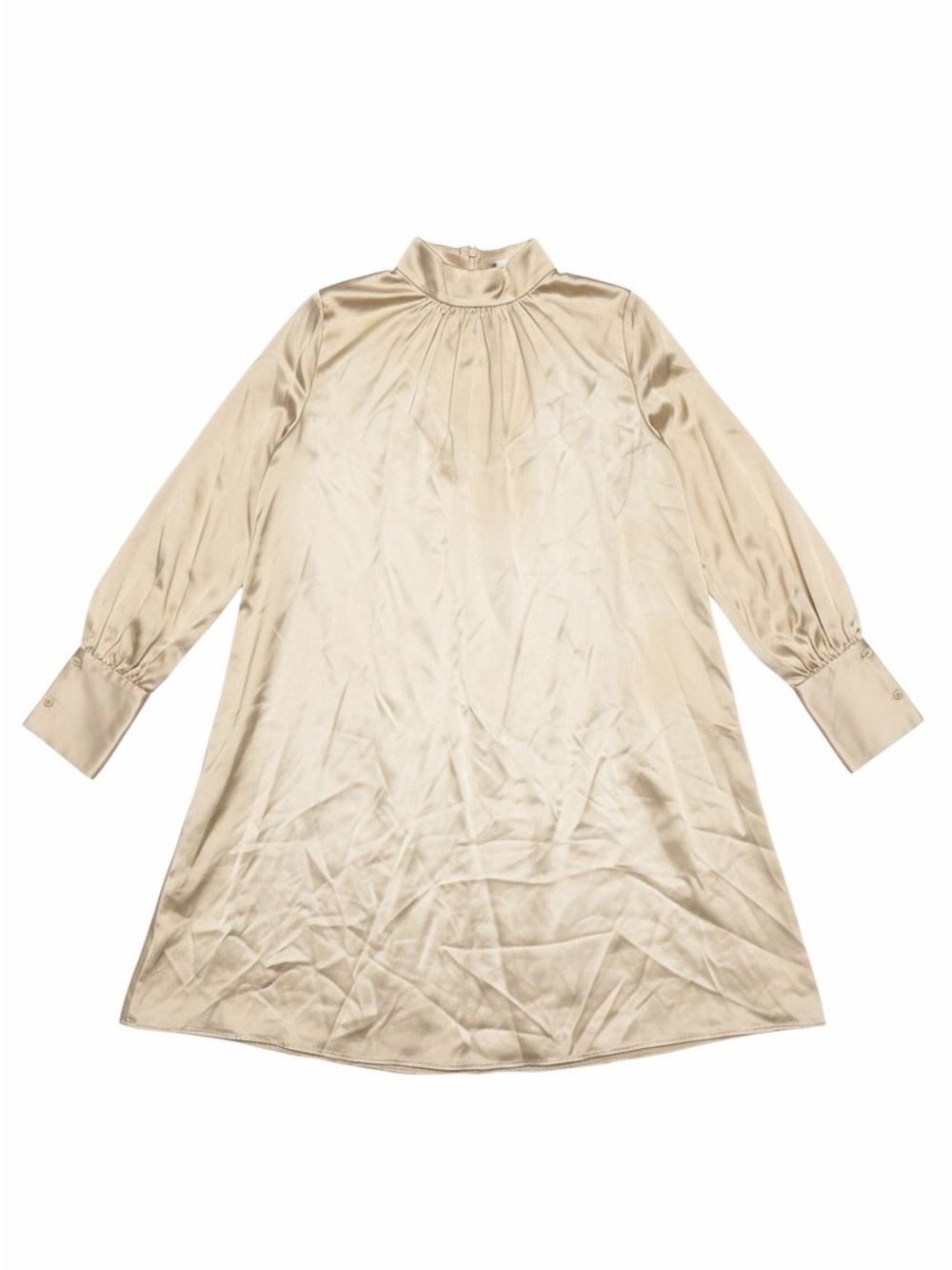 H&M Satin Long-Sleeve Mock Neck Shift Dress in Champagne